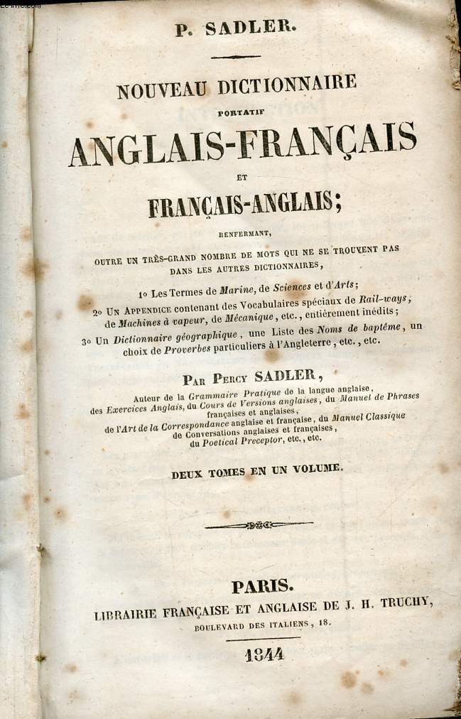 Nouveau dictionnaire portatif anglais-franais et franais-anglais Deux tomes en un volume