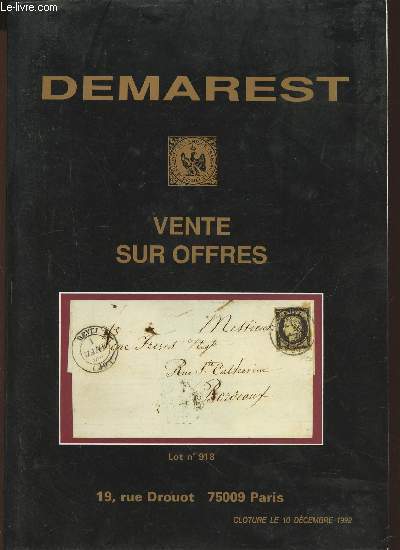 Catalogue Demarest vente sur offres- Cloture le 10 dcembre 1992- Histoire et philatlie