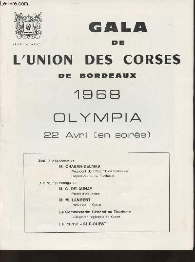 Programme: Gala de l'union des Corses de Bordeaux 1968- Olympia 22 avril