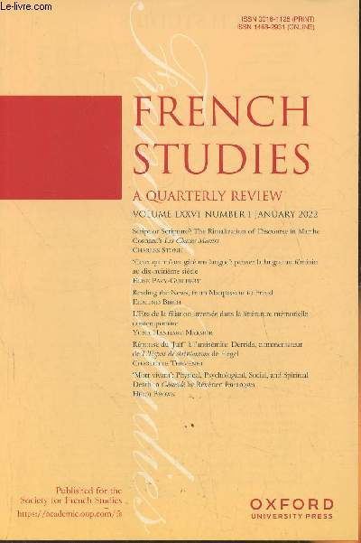 French Studies, a quarterly review- Vol. LXXVI, n1- January 2022-Sommaire: Script or scripture? The ritualization of Discourse in Marthe Cosnard's Les Chastes Martirs par Charles Stone- 