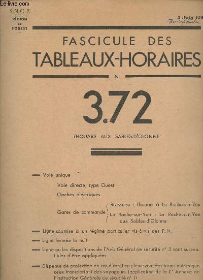 Fascicule des tableaux-horaires n3.72- Thouars aux Sables-d'Olonne