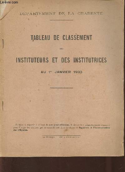 Tableau de classement des instituteurs et des institutrices au 1er Janvier 1933- Dpartement de la Charente