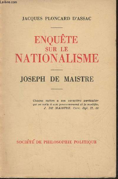 Enqute sur le nationalisme- Joseph de Maistre