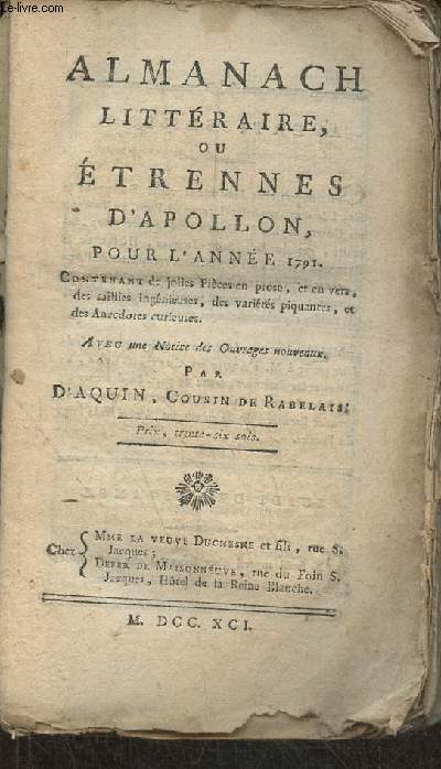 Almanach littraire ou trennes d'Apollon, pour l'anne 1791