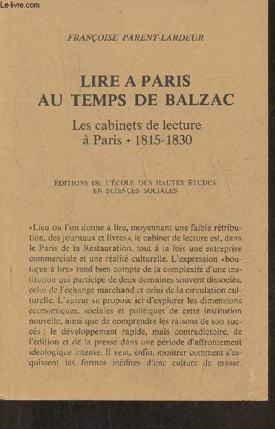 Lire  Paris au temps de Balzac- Les cabinets de lecture  Paris 1815-1830