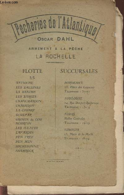 Recueil de recettes culinaires pour poissons de mer- Pcheries de l'Atlantique, Oscar Dahl, armement  la pche La Rochelle