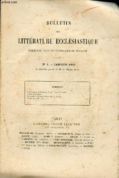 Bulletin de littrature ecclsiastique n1 janvier 1903 - L'vangile et l'glise, Mgr Pierre Batiffol - notes bibliques - le pch original thse de M.Espil - notes et critiques.