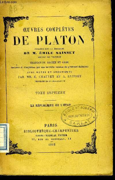 Oeuvres compltes de Platon Tome septime
