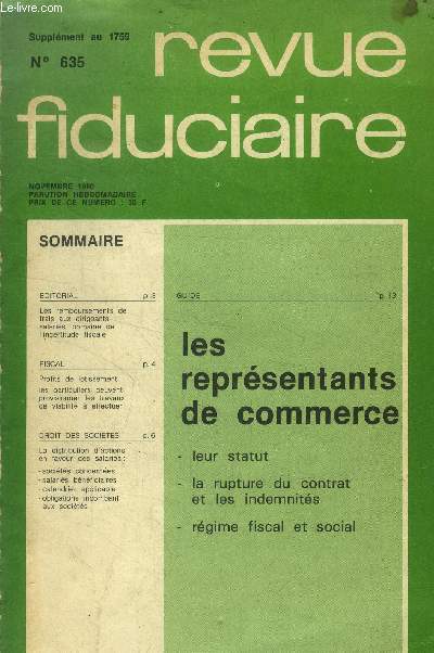 Revue fiduciaire N 635, novembre 1980 : Les reprsentants du commerce