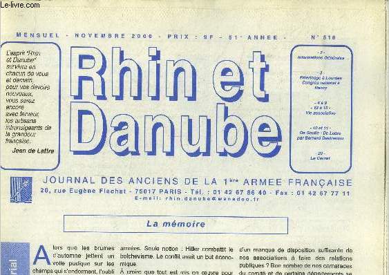 Rhin et Danube , journal des anciens de la 1re arme franaise N518, novembre 2000 : La mmoire- Plerinage  Lourdes.Congrs national  Nancy- Vie associative