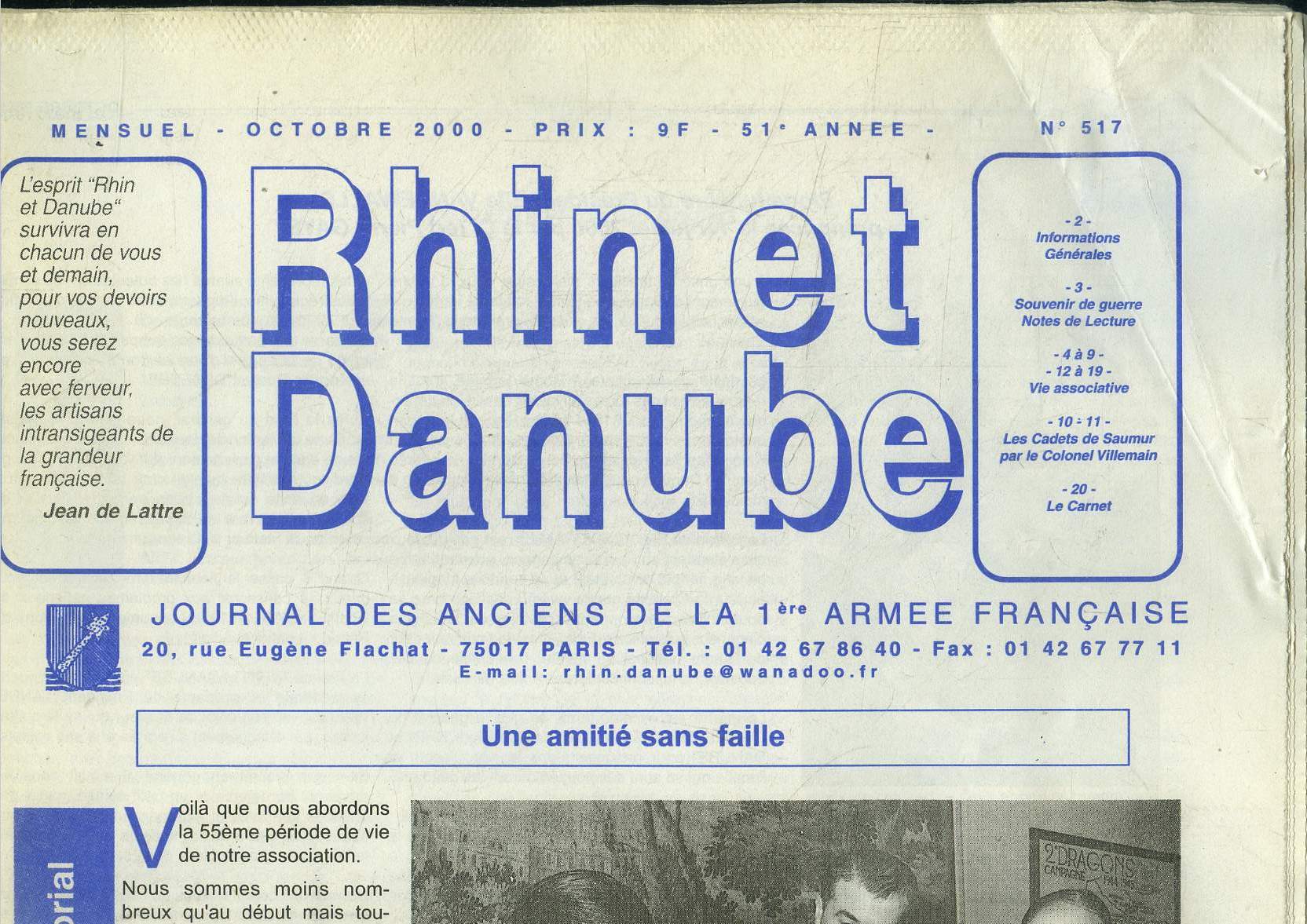 Rhin et Danube , journal des anciens de la 1re arme franaise N517, octobre 2000 : Une amiti sans faille- Souvenirs de guerre, note de lecture- Vie associative...