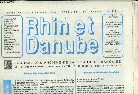 Rhin et Danube , journal des anciens de la 1re arme franaise N496, juillet aout 1998 : Rhin et Danube et mai 1968- A propos du muse des invalides. La mdaille militaire ...