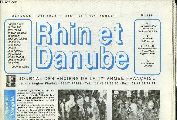 Rhin et Danube , journal des anciens de la 1re arme franaise N494, mai 1998 : spcial congrs- Intervention de M Massenet 9-10-11-12 Discours du prsident . Rapport moral- Rapport financier