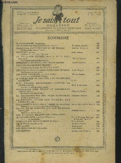 Je sais tout n162 : mai 1919 ; Les nergies franaises- Les leons de la guerre pour l'art de batir- Une guerre ncssaire contre la tubverculose- La rorganisation des voies navigables...