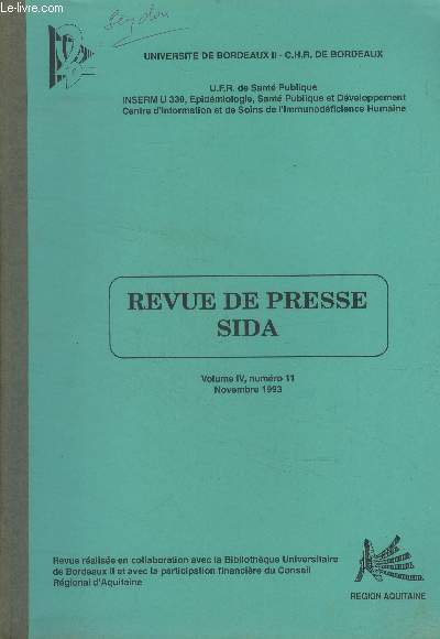 Revue de presse sida Volume IV, numro 11. Novembre 1993