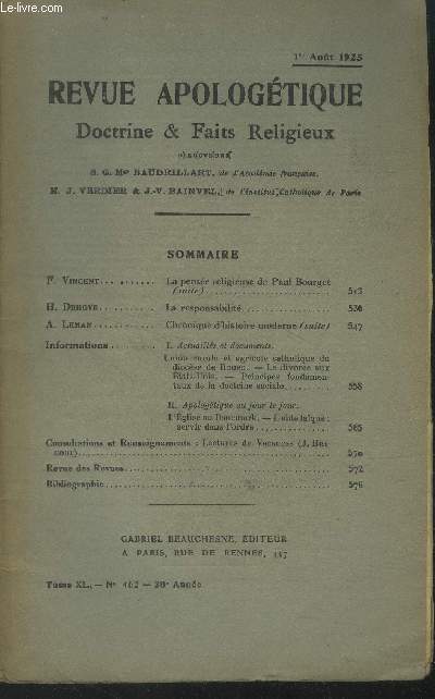 Revue apologtique doctrine & faits religieux TomeXL N 462 , 1er aout 1925