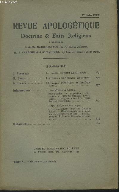 Revue apologtique doctrine & faits religieux Tome XL n458, 1er juin 1925