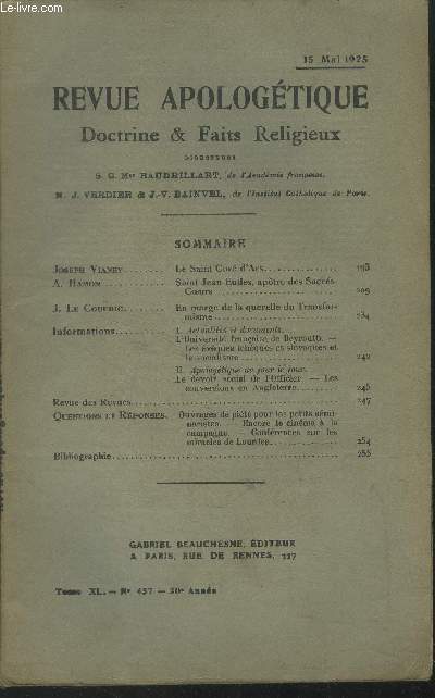 Revue apologtique doctrine & faits religieux TomeXL N457 : 15 mai 1925
