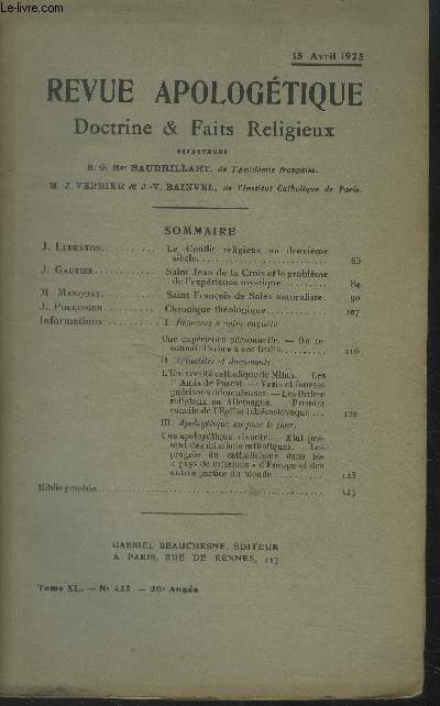 Revue apologtique doctrine & faits religieux Tome XL n455, 15 avril 1925