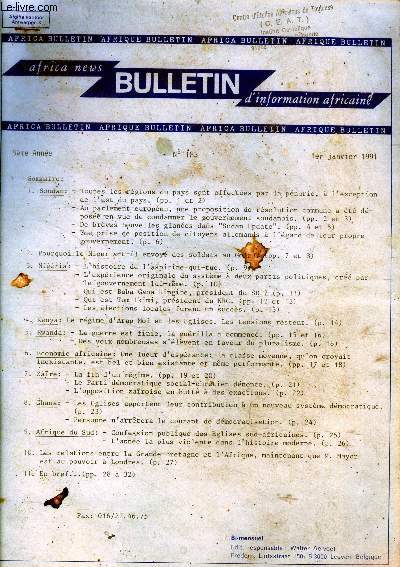 Africa news -bulletin d'information africaine- africa bulletin / afrique bulletin - N183- 1er janvier 1991- Soudan - pourquoi le niger a t-il envoye des soldats au golfe?- nigeria : l'histoire de l'aspirine qui tue- kenya: le regime d'arap moi ...