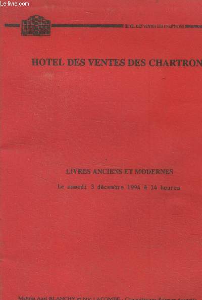 Catalogue - Hotel des ventes des chartrons - Livre anciens et modernes- le samedi 3 decembre 1994 a 14heures- vigne, vin, litterature, lettres autographes, droit, numismatique, religion, regionnalisme...