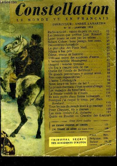 Constellation -le monde vu en francais N81 janvier 1955 -radio activite : raison de paix en 1955- les histoires que prefere line renaud- leurs jouets ne sont pas les notre- robert cohen- filmez a bas prix- les maladies du brouillard- peter cheyney ...