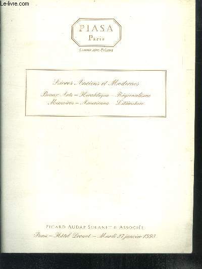 Piasa paris - livres anciens et modernes, beaux arts, heraldique, regionalisme, memoires, americana, litterature- hotel drouot - mardi 27 janvier 1998
