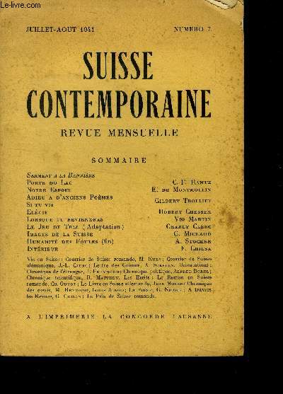 Suisse contemporaine - revue mensuelle - N7 - juillet aout 1941 -