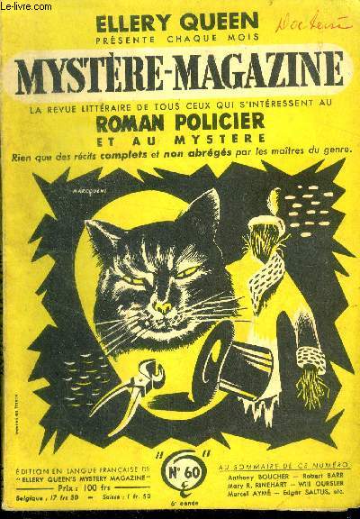 Mystere magazine n60 - janvier 1953 - nick noble marque le point par anthony boucher, gens distraits ... sommes distraites par robert barr, l'affaire touffard par marcel ayme, l'heure du laitier par mary roberts rinehart, l'echec de mike o'shaunessey...