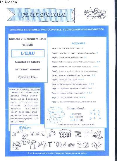 Jeux d'ecole Bimestriel N7, decembre 1993- l'eau, gouttes et bateau, m' 