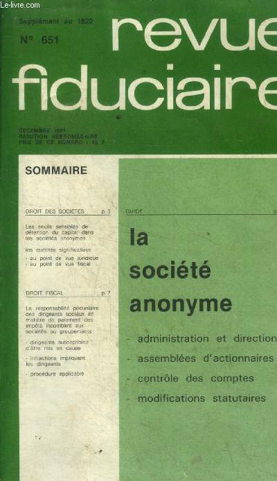 Revue fiduciaire n651 dcembre 1981 : La socit anonyme.