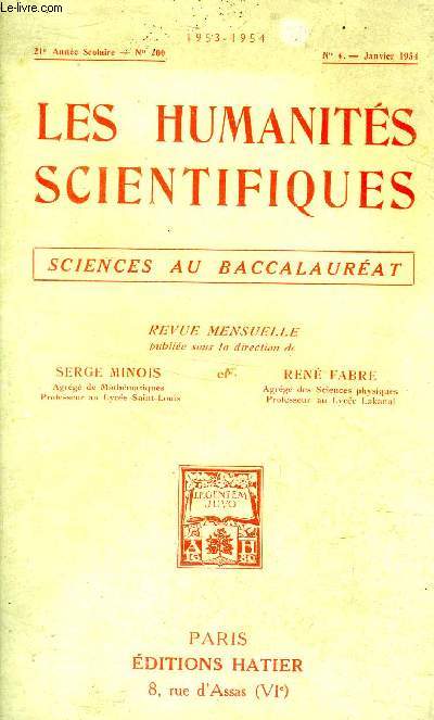 Les humanits scientifiques N200 21 anne scolaire Sciences au baccalaurat N4 Janvier 1954