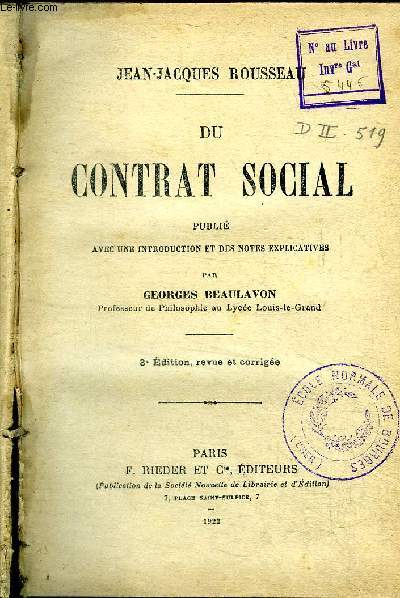 Du contrat social publi avec une introduction et des notes explicatives par Beaulavon Georges 3 dition revue et corrige