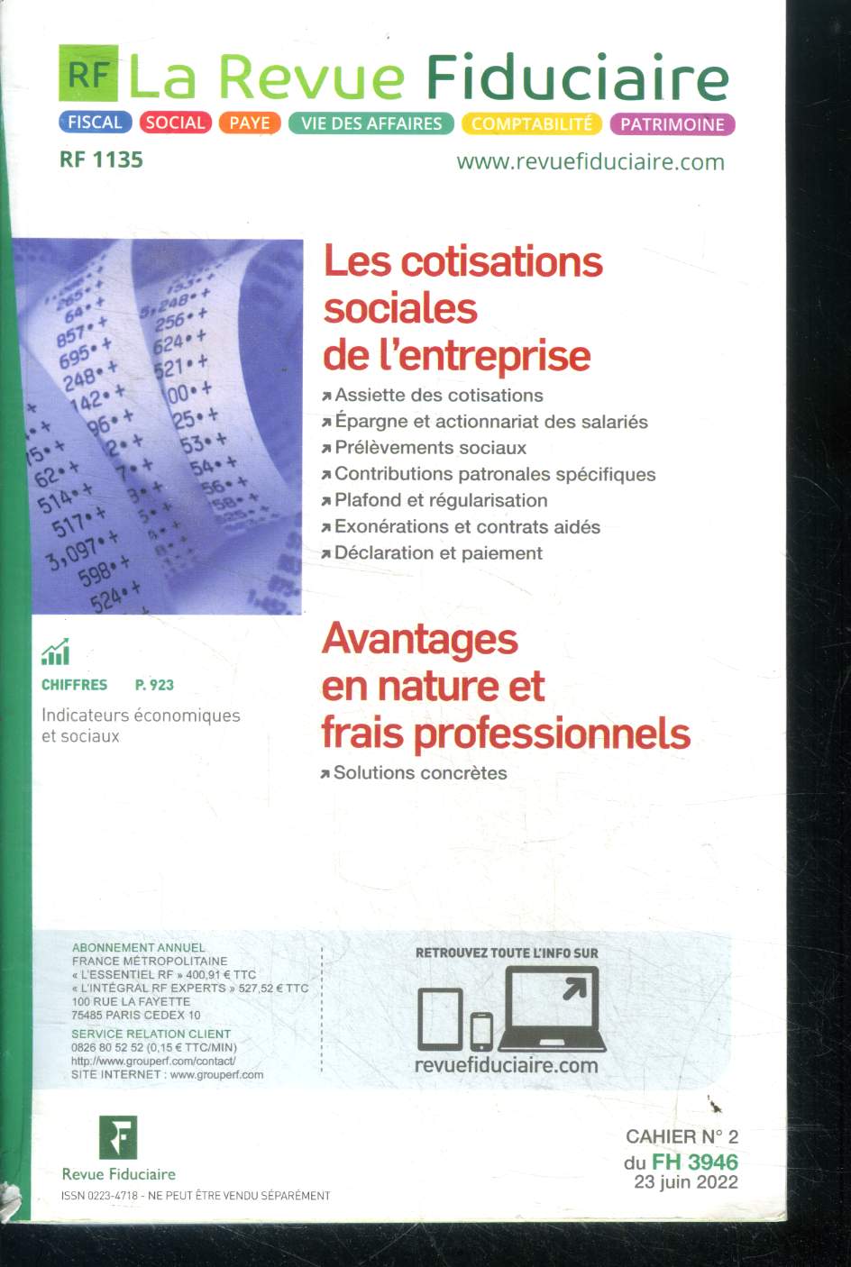 La revue fiduciaire cahier n2 du fh 3946 23 juin 2022 les cotisations sociales de l'entreprise sommaire: epargne salariale, cet, actionnariat salari; prlvements sociaux sur les salaires; contributions patronales spcifiques; plafond et rgularisation