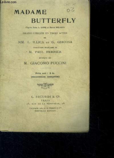 Madame Butterfly - Drame Lyrique en trois actes - Puccini giacomo- nouvelle edition