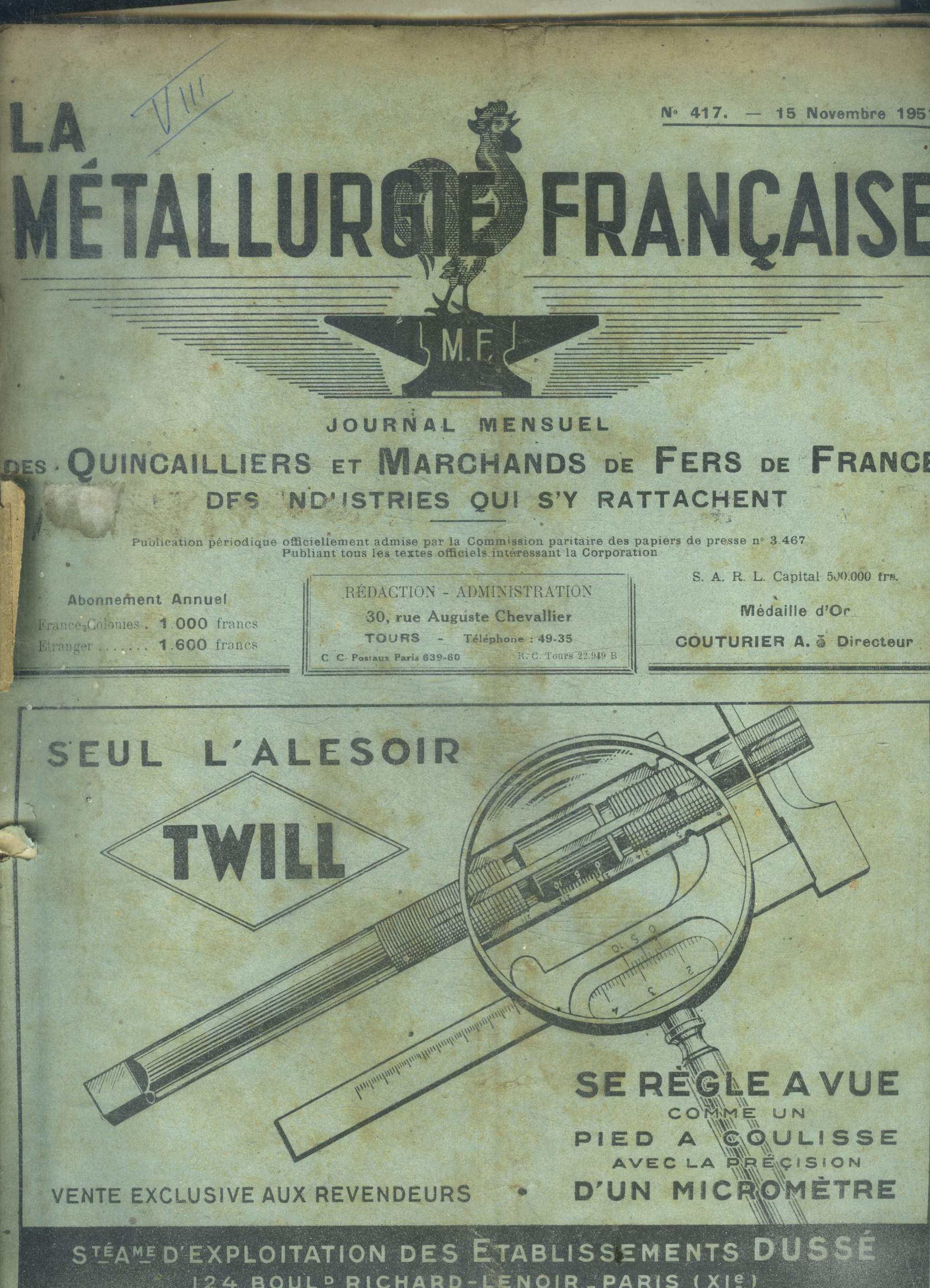 La metallurgie francaise N417, 15 novembre 1951- journal mensuel des quincailiers et marchands de fers de france et des industries qui s'y rattachent- salaire minimum garanti et stock outil, le chevalier du plumeau, la lumiere est votre meilleur vendeur