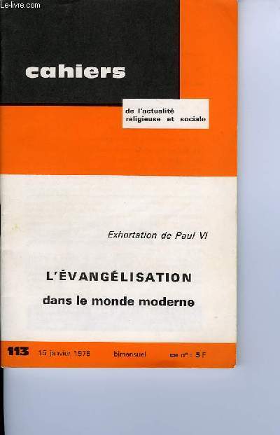 CAHIERS DE L'ACTUALITE RELIGIEUSE ET SOCIALE n 113