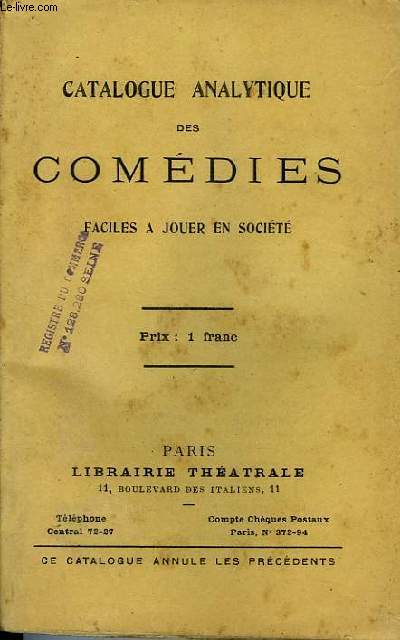 CATALOGUE ANALYTIQUE DES COMEDIES FACILES A JOUER EN SOCIETE