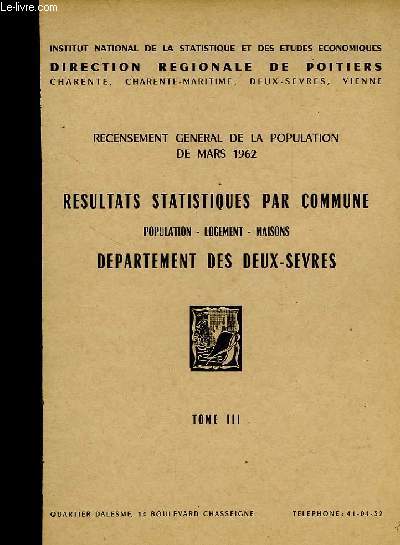 RECENSEMENT GENERAL DE LA POPULATION DE MARS 1962, RESULTATS STATISTIQUES PAR COMMUNE, POPULATION, LOGEMENT, MAISONS, DEPARTEMENT DES DEUX-SEVRES, TOME III