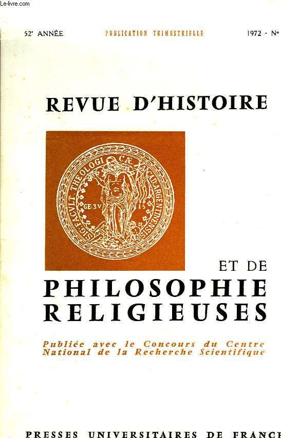 REVUE D'HISTOIRE ET DE PHILOSOPHIE RELIGIEUSES, 52e ANNEE, N2