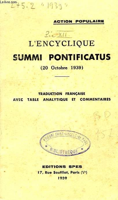 L'ENCYCLIQUE SUMMI PONTIFICATUS (20 OCT. 1939)