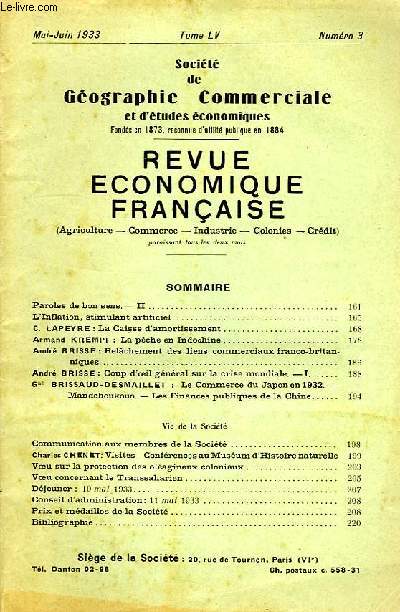 REVUE ECONOMIQUE FRANCAISE PUBLIEE PAR LA SOCIETE DE GEOGRAPHIE COMMERCIALE DE PARIS, TOME LV, N 3, MAI-JUIN 1933