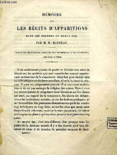 MEMOIRE SUR LES RECITS D'APPARITIONS DANS LES SERMONS DU MOYEN AGE