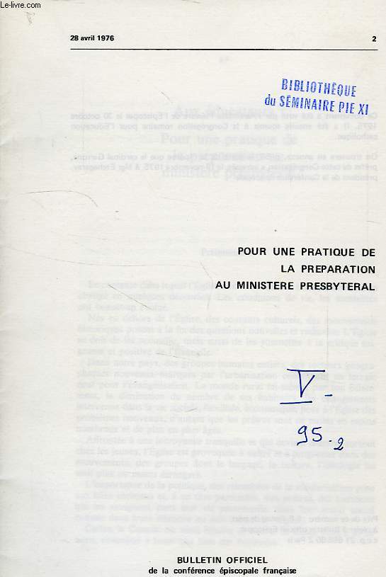 POUR UNE PRATIQUE DE LA PREPARATION AU MINISTERE PRESBYTERAL, 28 AVRIL 1976, 2
