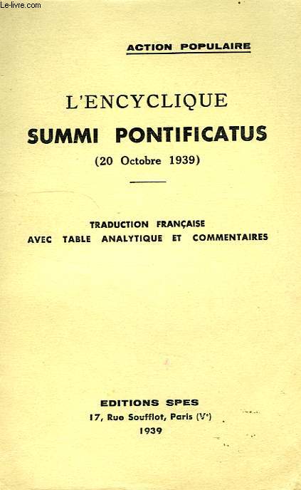 L'ENCYCLIQUE SUMMI PONTIFICATUS (20 OCT. 1939)