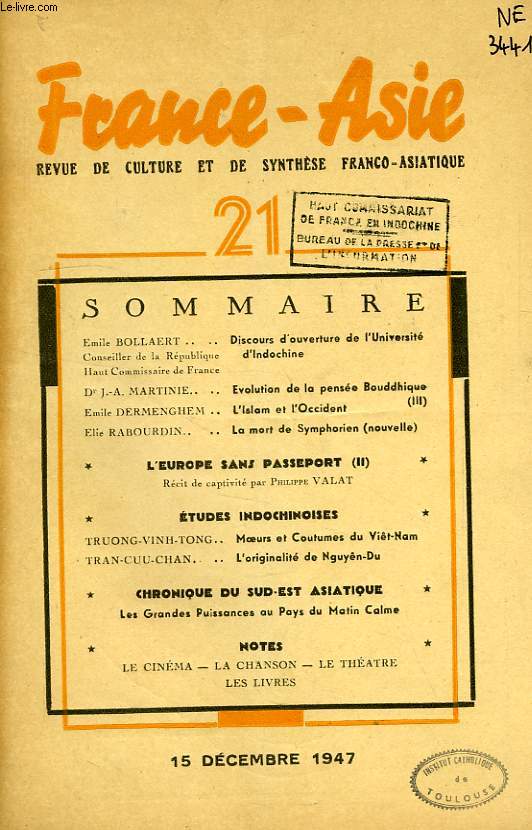 FRANCE-ASIE, REVUE DE CULTURE ET DE SYNTHESE FRANCO-ASIATIQUE, 3e ANNEE, N 21, DEC. 1947