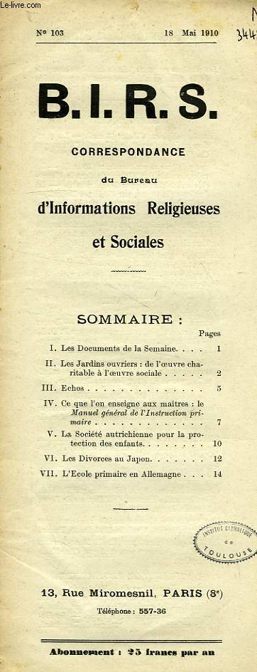B.I.R.S., CORRESPONDANCE DU BUREAU D'INFORMATIONS RELIGIEUSES ET SOCIALES, N° 103, MAI 1910