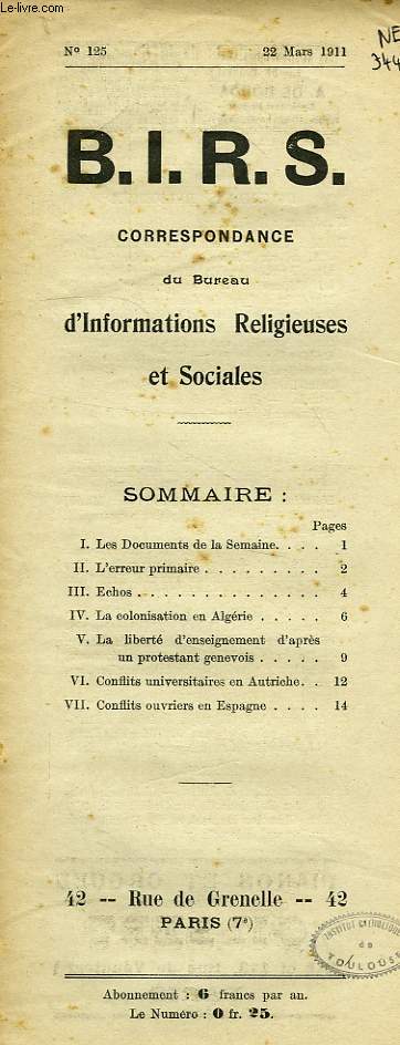 B.I.R.S., CORRESPONDANCE DU BUREAU D'INFORMATIONS RELIGIEUSES ET SOCIALES, N° 125, MARS 1911