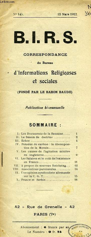 B.I.R.S., CORRESPONDANCE DU BUREAU D'INFORMATIONS RELIGIEUSES ET SOCIALES, N° 145, MARS 1912