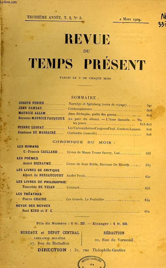 REVUE DU TEMPS PRESENT, 3e ANNEE, T. I, N 3, MARS 1909